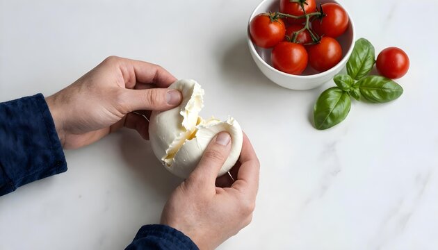 A hand grips a piece of mozzarella cheese, marking National Italian Cheese Month and the celebration of Italian flavors
