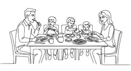 Fototapeta premium Happy Family Enjoying Breakfast Together, Line Art Illustration