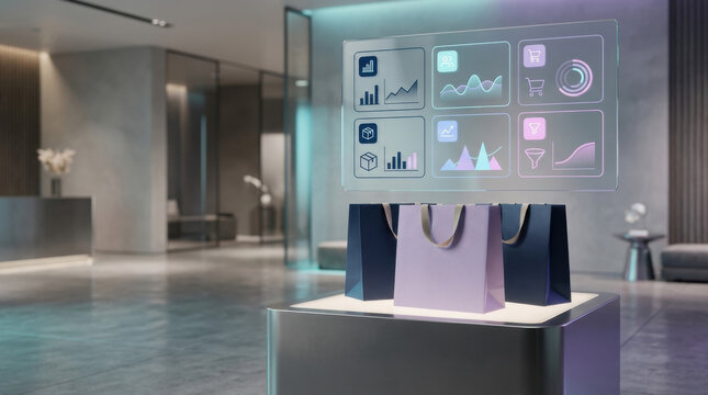Retail marketing analytics dashboard hologram displaying ecommerce data above shopping bags in modern boutique