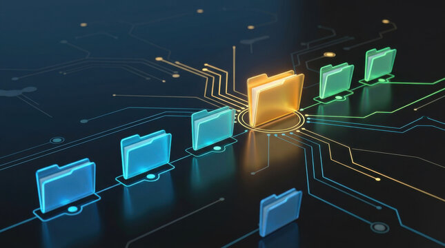 Centralized database directory network with glowing secure master folder representing digital archiving and data management