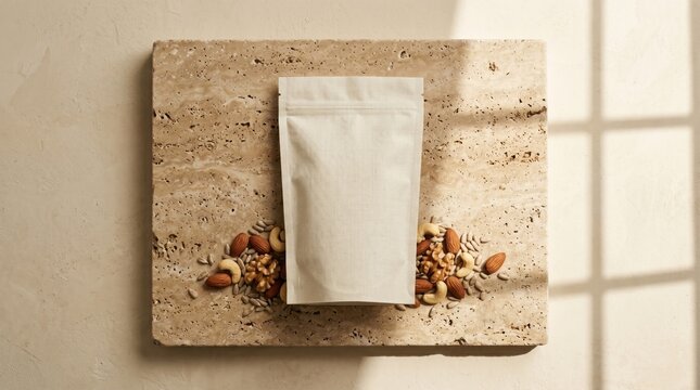 Blank Stand Up Pouch Mockup on Travertine Stone with Nuts