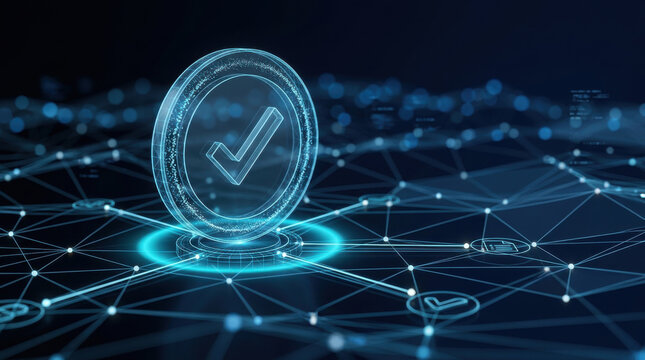 Network consensus validation showing glowing checkmark connected to digital documents representing secure blockchain verification