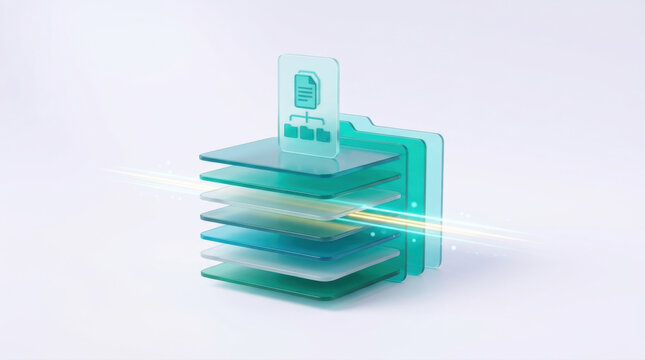 Cloud database server architecture showing layered digital folders connected to centralized file management network
