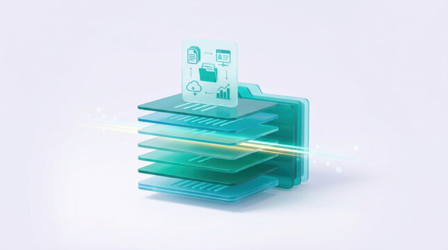 Digital workflow automation architecture showing data synchronization protocol over layered cloud storage folders