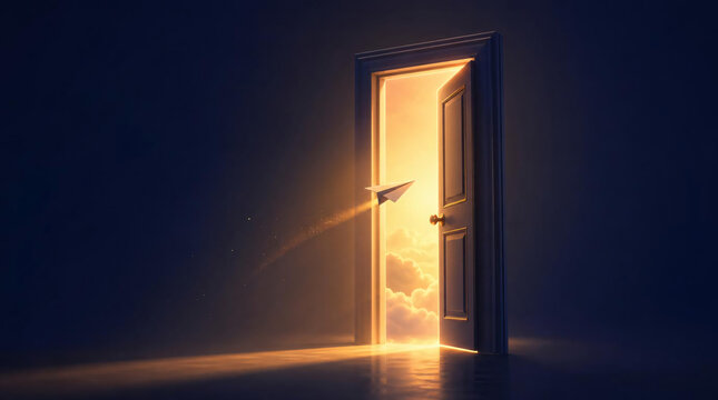 Glowing paper airplane flying out of an open doorway into a dark room