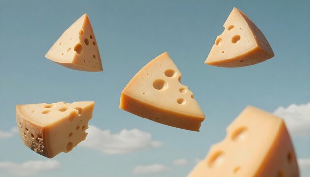 Cheese airborne in a vibrant blue sky, representing National Italian Cheese Month