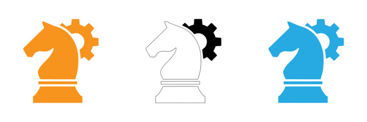 Three chess knight icons in orange black and white and blue colors © Md