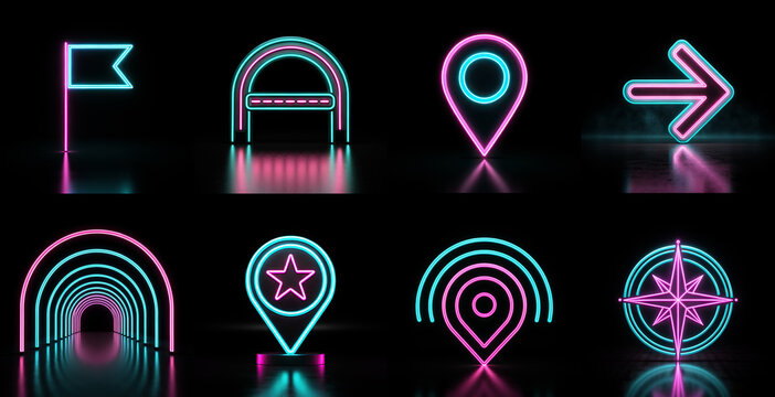 Set of glowing neon navigation and map icons