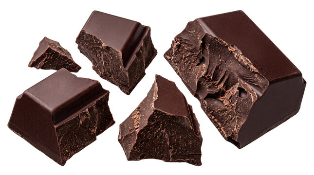 Broken dark chocolate chunks on black png isolated on transparent background