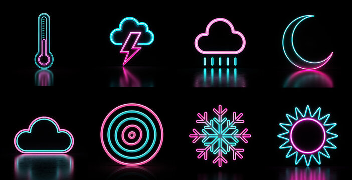Set of colorful glowing neon weather icons on black
