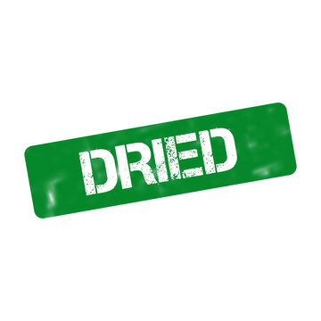 Dried green rubber stamp icon, weathered rectangular label with white text, grunge textured food packaging seal on white background