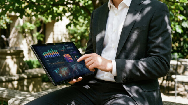 Tablet chart data screen analysis hand suit outdoor park dashboard digital graph map market report statistics touch device technology chart