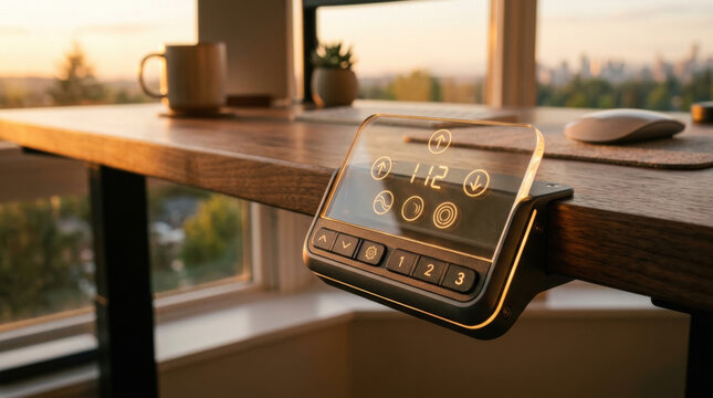 Standing desk controller ergonomic office table height adjust control panel closeup indoor sunlight modern window view