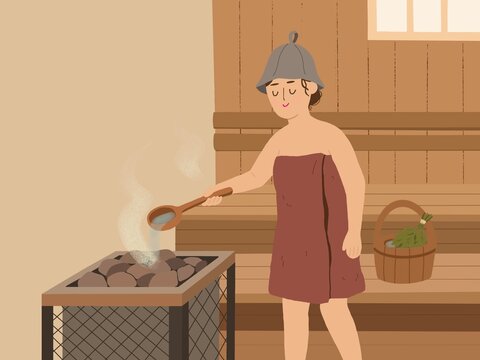 Woman Performing a L&ouml;yly Ritual in a Sauna with Hot Stones
