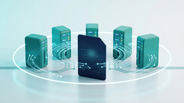 Cloud storage data center network with servers surrounding a secure digital document representing centralized database and information security