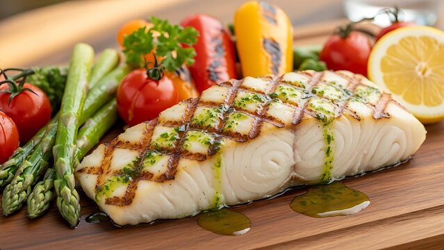Grilled white fish fillet with asparagus and tomatoes.