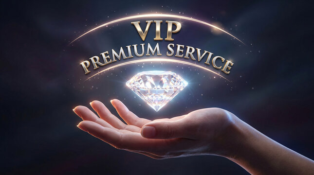 Hand holding glowing diamond beneath metallic typography reading "VIP PREMIUM SERVICE"