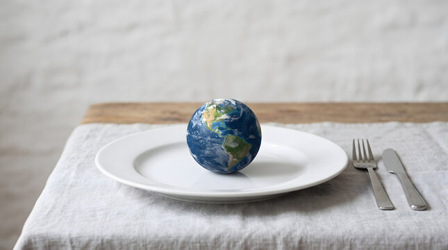 Planet earth on empty plate symbolizing global hunger and world food crisis