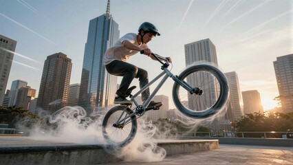 Obraz premium Biker performs trick mid-air with smoke effect against city skyline at sunset.