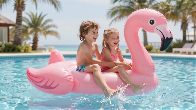 Two children laugh on a pink flamingo float in a sunny pool.
