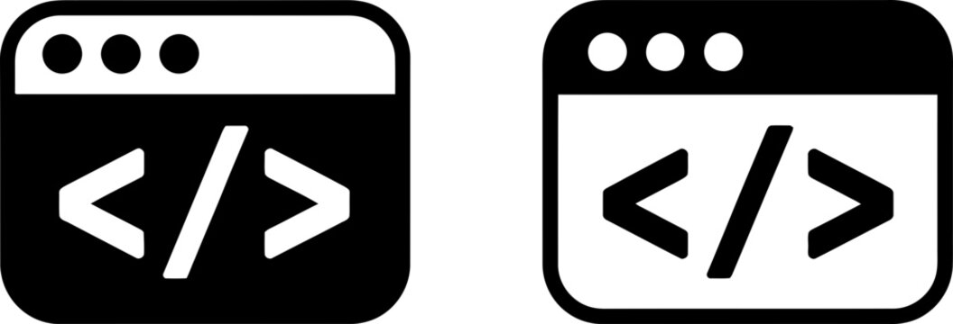 Browser code icon set, web development symbols in black and white.