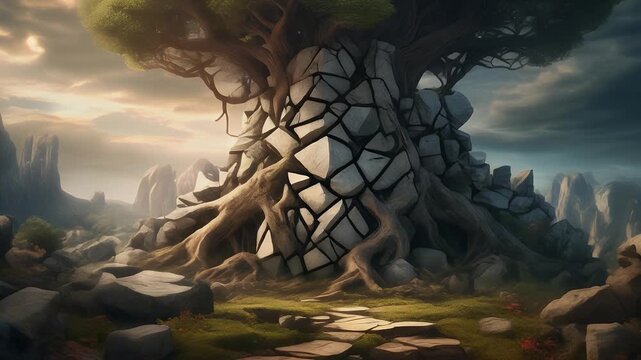 Fantasy ancient tree growing on cracked stone fortress in majestic dramatic mountain landscape illustration