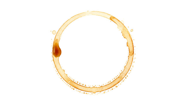 Minimalist coffee cup ring stain, brown beverage spill circle texture. Grunge caffeine mark for menu and cafe branding isolated on Transparent Background