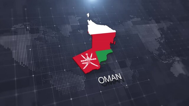 Oman map with national flag on digital world map background, geographic border, global political and international news concept