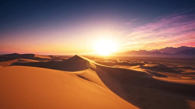 Cinematic Aerial View of Golden Sand Dunes in the Desert During a Vibrant Sunset with Blowing Dust