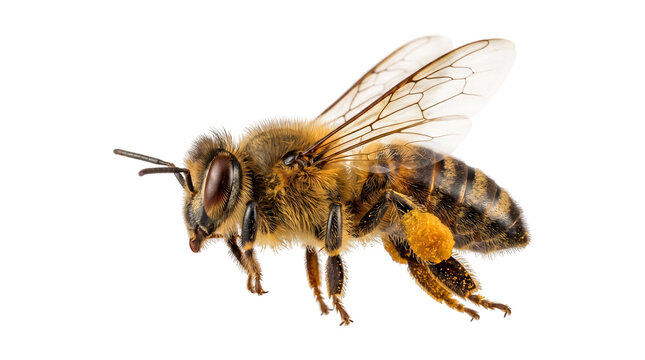 Honeybee shown in side profile with detailed wings and golden pollen basket captured as an isolated PNG with transparent background