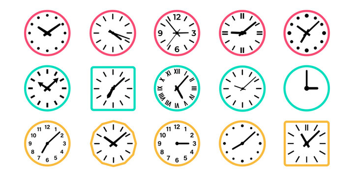 Collection of various clock face designs featuring a distinct black silhouette style isolated on transparent background for graphic design projects