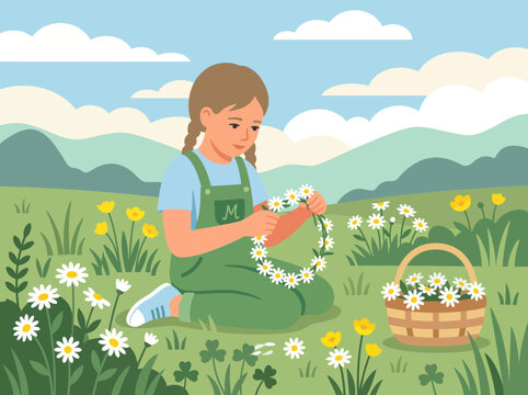 Girl Making a Daisy Chain Crown in the Field