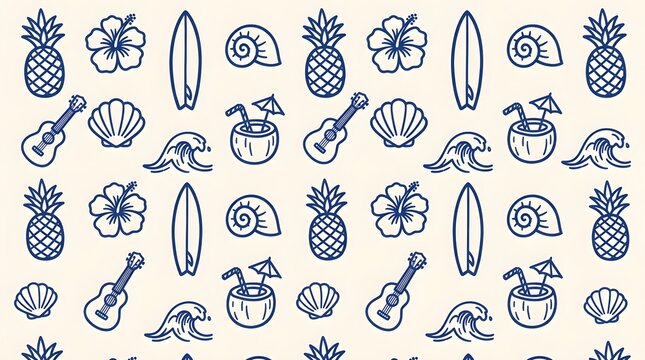 Seamless pattern with hand drawn summer tropical icons featuring pineapple hibiscus surfboard seashell guitar and cocktail