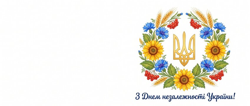 Ukraine Independence Day on August 24, elegant Ukrainian handwritten greeting with national trident, sunflowers and traditional ornament with generous copy space