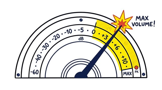 Analog volume meter reaching maximum level indicator