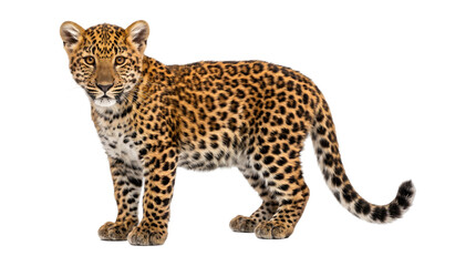 Fototapeta premium Young leopard standing sideways showing a spotted coat and alert amber eyes captured as an isolated PNG with transparent background