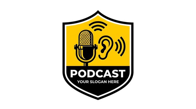 Podcast shield logo with microphone and ear icon