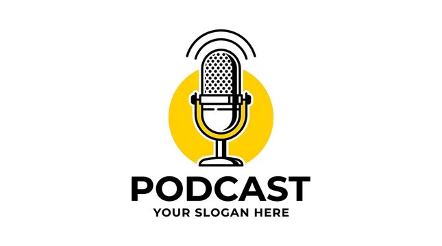 Retro studio microphone icon with signal waves and yellow circle