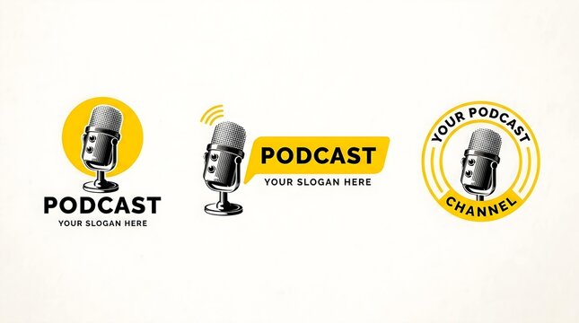 Set of three podcast logo designs with vintage microphone