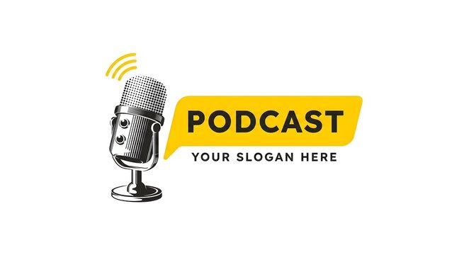 Horizontal podcast logo with microphone and speech bubble