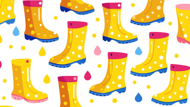 Seamless pattern of bright yellow rain boots with polka dots and raindrops background illustration wallpaper creative abstract seasonal colorful clothing footwear template