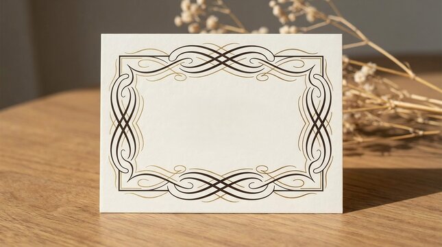Elegant cream colored quote card with ornate decorative border on wooden table, atmospheric cinematic background for video editing, sophisticated stationery copy space