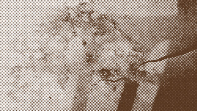 Halftone dot pattern on sepia background showing abstract cracked surface details.