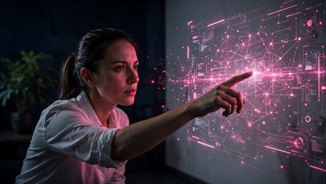 Female data scientist analyzing complex network visualization on a large display