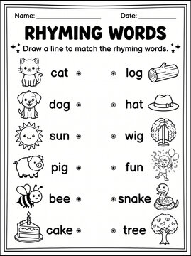 Rhyming Words Matching Activity Worksheet for Kids
