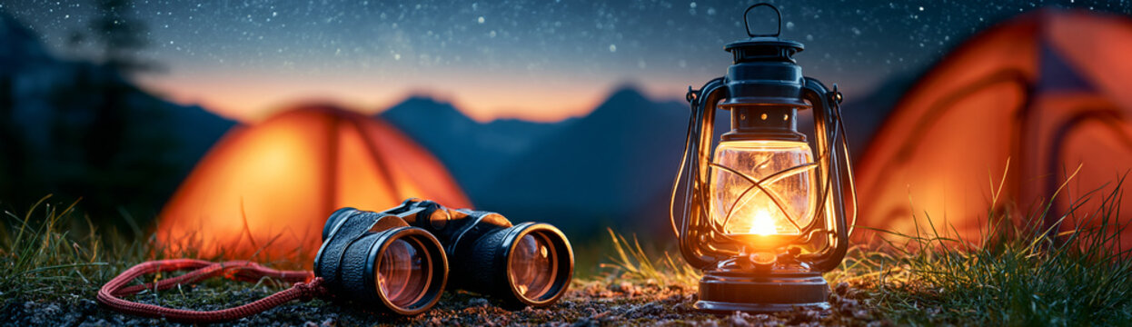 A glowing lantern and binoculars sit in front of two orange tents under a starry night sky in a serene camping scene.