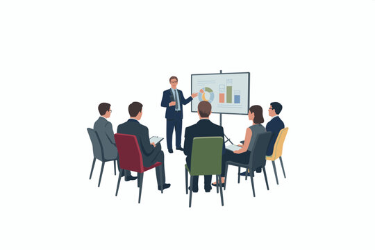 Business meeting with a speaker presenting to a small group in a circle