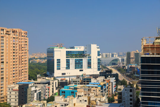 Hyderabad city urban skyline developing under blue sky