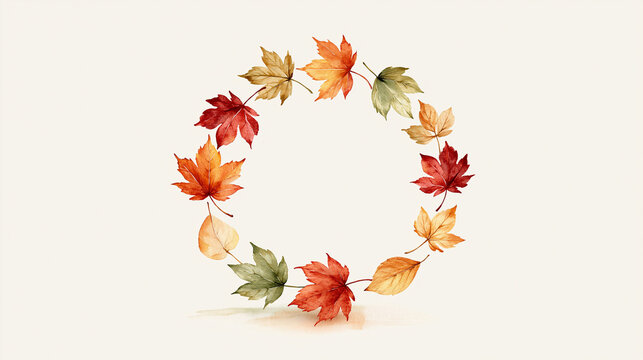 A delicate circular wreath composed of autumn leaves in red, orange, yellow, and green hues on a white background.