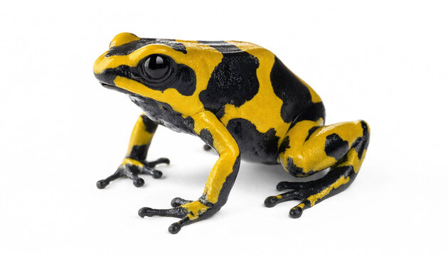 Black and yellow striped poison dart frog background studio shot of dendrodates leucomas species known as yellow banded poison dart frog native to Venezuela